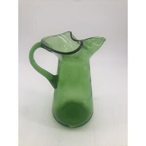 Glass Pitcher Mid Century Hand Blown Emerald Green Pinched Spout Ice Lip MCM VTG